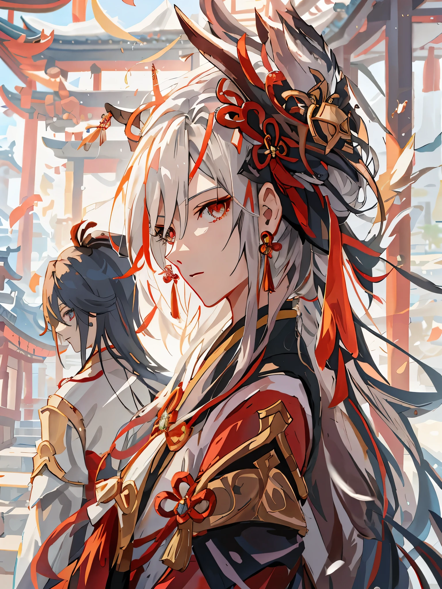 Anime-Mädchen mit langen Haaren und rotem Rock, das vor dem Gebäude steht, keqing from Genshin-Einfluss impact, zhongli from Genshin-Einfluss impact, weißhaarige Gottheit, onmyoji portrait, Beliebt auf ArtStation Pixiv, Detaillierte digitale Anime-Kunst, Autor：Yang Jie, Genshin-Einfluss, hübscher japanischer Dämonenjunge, onmyoji, onmyoji detailed art