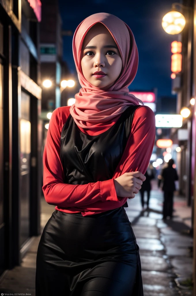 malay girl sexy seducing pose, nighttime city, (mira filzah:1.3), wearing hijab, pastel color hijab, pink , , small breast, flat chest, wide waist, thick thighs bright lighting, big round ass, matured face, slim abs, Nikon D850, Photographie de film ,4 Kodak Portra 400 ,camera f1.6 lentilles ,couleurs riches ,hyper realistic ,lifelike texture, dramatic lighting , Cinestill 800,