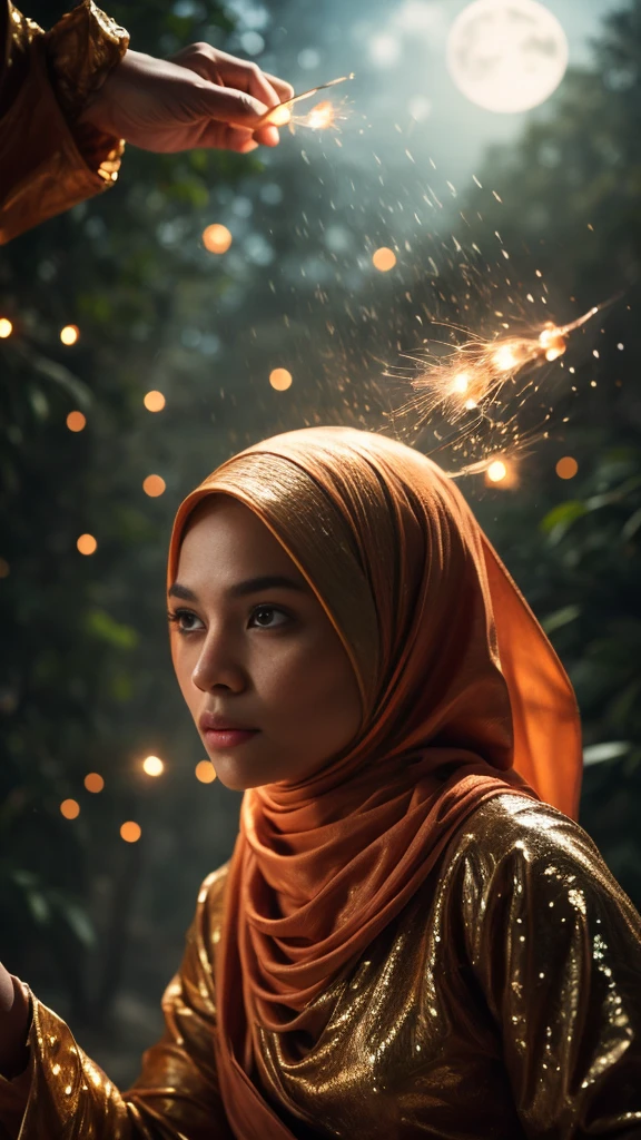 Представьте себе безмятежную лунную ночь в густых малайских джунглях, где девушка в хиджабе занимается традиционными боевыми искусствами в окружении мистических светлячков.. Запечатлейте элегантность и грацию ее движений, пока светлячки создают вокруг нее волшебную ауру., Объектив 35 мм, Экстремальный крупный план, градация пастельных цветов, Кинематографический эффект глубины резкости, жанр фильма нуар, Разрешение 8К, высокое качество, ультра детализация,