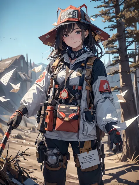 (highest quality,masterpiece,High resolution,Super fine、A hat with lots of toys:1.444、A female firefighter wearing a suit with l...