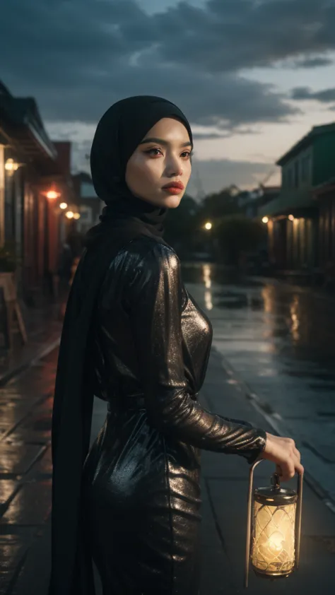 Create an otherworldly scene where a Malay girl in a hijab, holding a magical lantern, explores an enchanted floating island sur...