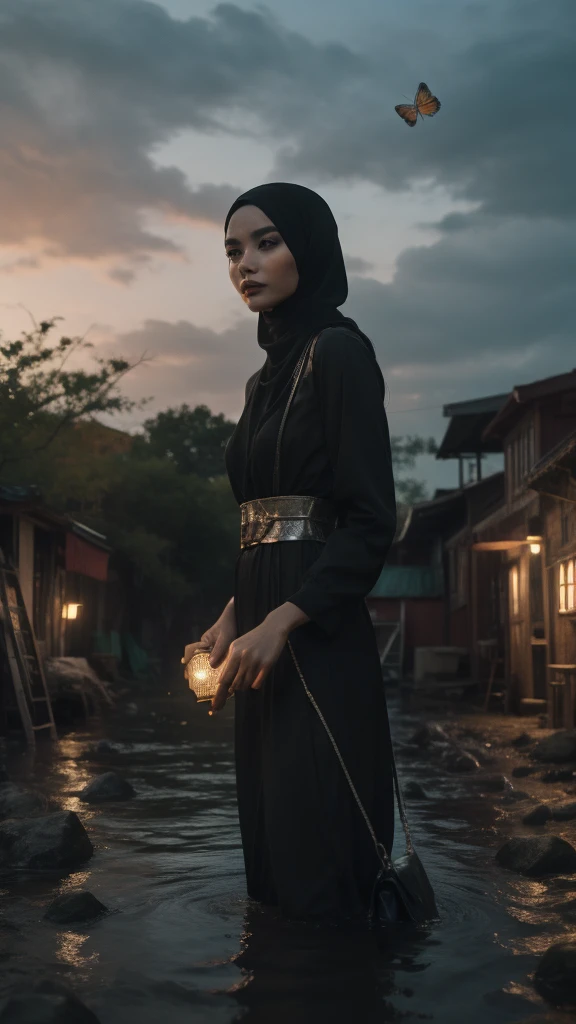 Create an otherworldly scene where a Malay girl in a hijab, holding a magical lantern, explores an enchanted floating island surrounded by glowing butterflies. The island is suspended in the sky, revealing stunning landscapes and mysterious creatures, 70mm lense, Establishing shot, warm color grading, cinemascope cinematography effect, a thriller film style, high quality, ultra detail, 8k resolution,