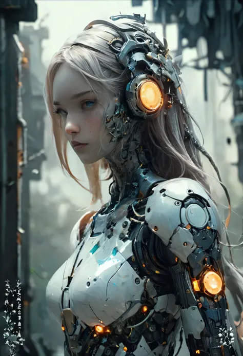 Best quality: 1.0), (Super High Resolution: 1.0), a broken feminine humanoid robot a light shone on her, sadness face, trying to...