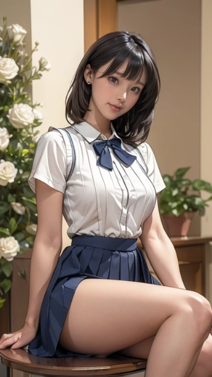 (masterpiece:1.2, highest quality), (realistic, photorealistic:1.4), beautiful illustrations, (natural side lighting, movie lighting), Depth of written boundary, 
looking at the viewer, Front view, 1 girl, English, high school girl, 20 years old, perfect face, Cute symmetrical face, shiny skin, open legs,
(bob hair:1.7,blonde), asymmetrical bangs, Big eyes, droopy eyes, long eyelashes chest), thin, 
beautiful hair, beautiful face, fine and beautiful eyes, beautiful clavicle, beautiful body, beautiful breasts, beautiful thighs, beautiful feet, beautiful fingers, 
((fine fabric texture, brown knit vest, short sleeve white collar shirt, navy pleated skirt, Navy bow tie)), 
(beautiful scenery), evening, (Inside the flower shop), Are standing, (smile, Upper grade, open your mouth),  (((skirt lift, white sexy panties, genitals visible))), full body shot, dark blue socks, sexy face, inverted nipples,