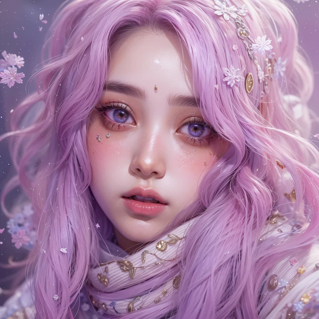 （（（Single eyelid）））Snow hoop exclusion area 32K（tmasterpiece，k hd，hyper HD，32K）Long flowing purple-pink hair，Autumn Pond，zydink， a color， Tongzhou people （Girl with glowing eyes）， （Thin silk scarf）， Side squat position， looking at the ground， long whitr hair， Floating hair， Python headdress， Chinese long-sleeved clothing， （abstract ink splash：1.2）， white backgrounid，Lotus protector（realisticlying：1.4），Purple-pink hair，Snowflakes fluttering，The background is pure， A high resolution， the detail， RAW photogr， Sharp Re， Nikon D850 Film Stock Photo by Jefferies Lee 4 Kodak Portra 400 Camera F1.6 shots, Rich colors, ultra-realistic vivid textures, Dramatic lighting, Unreal Engine Art Station Trend, cinestir 800，Long flowing purple-pink hair，((masterpiece)). This artwork is sweet, dreamy and ethereal, with soft pink watercolor hues and candy accents. Generate a delicate and demure fae exploring a (bubblegum world with a wide variety of pastel shades). Her sweet face is extremely detailed and realistic with elegant features and a fierce expression, and looks like ((((naomi scott)))). Include mature features and stunning, highly realistic eyes. Her eyes are important and should be realistic, highly detailed, and beautiful. In high definition and detail, include lots of details like stars, galaxies, colorful bubbles, colorful petals, and lots of energy and emotion! The stars and colorful bubblegum bubbles are important! Include fantasy details, enhanced details, iridescence, colorful glittering wind, and pollen. Pay special attention to her face and make sure it is beautifully and realistically detailed. The image should be dreamy and ethereal.8k, intricate, elegant, highly detailed, majestic, digital photography