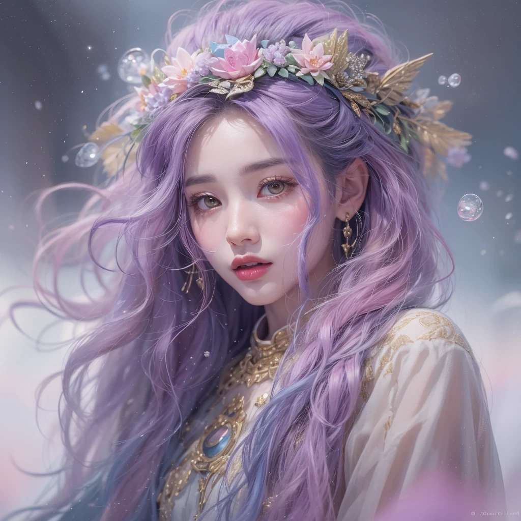 （（（Single eyelid）））Snow hoop exclusion area 32K（tmasterpiece，k hd，hyper HD，32K）Long flowing purple-pink hair，Autumn Pond，zydink， a color， Tongzhou people （Girl with glowing eyes）， （Thin silk scarf）， Side squat position， looking at the ground， long whitr hair， Floating hair， Python headdress， Chinese long-sleeved clothing， （abstract ink splash：1.2）， white backgrounid，Lotus protector（realisticlying：1.4），Purple-pink hair，Snowflakes fluttering，The background is pure， A high resolution， the detail， RAW photogr， Sharp Re， Nikon D850 Film Stock Photo by Jefferies Lee 4 Kodak Portra 400 Camera F1.6 shots, Rich colors, ultra-realistic vivid textures, Dramatic lighting, Unreal Engine Art Station Trend, cinestir 800，Long flowing purple-pink hair，((masterpiece)). This artwork is sweet, dreamy and ethereal, with soft pink watercolor hues and candy accents. Generate a delicate and demure fae exploring a (bubblegum world with a wide variety of pastel shades). Her sweet face is extremely detailed and realistic with elegant features and a fierce expression, and looks like ((((naomi scott)))). Include mature features and stunning, highly realistic eyes. Her eyes are important and should be realistic, highly detailed, and beautiful. In high definition and detail, include lots of details like stars, galaxies, colorful bubbles, colorful petals, and lots of energy and emotion! The stars and colorful bubblegum bubbles are important! Include fantasy details, enhanced details, iridescence, colorful glittering wind, and pollen. Pay special attention to her face and make sure it is beautifully and realistically detailed. The image should be dreamy and ethereal.8k, intricate, elegant, highly detailed, majestic, digital photography