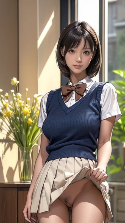 (masterpiece:1.2, highest quality), (realistic, photorealistic:1.4), beautiful illustrations, (natural side lighting, movie lighting), Depth of written boundary, 
looking at the viewer, Front view, 1 girl, English, high school girl, 20 years old, perfect face, Cute symmetrical face, shiny skin, open legs,
(bob hair:1.7,blonde), asymmetrical bangs, Big eyes, droopy eyes, long eyelashes chest), thin, 
beautiful hair, beautiful face, fine and beautiful eyes, beautiful clavicle, beautiful body, beautiful breasts, beautiful thighs, beautiful feet, beautiful fingers, 
((fine fabric texture, brown knit vest, short sleeve white collar shirt, navy pleated skirt, Navy bow tie)), 
(beautiful scenery), evening, (Inside the flower shop), Are standing, (smile, Upper grade, open your mouth),  (((skirt lift, no panties, genitals visible))), full body shot, dark blue socks, sexy face, inverted nipples,