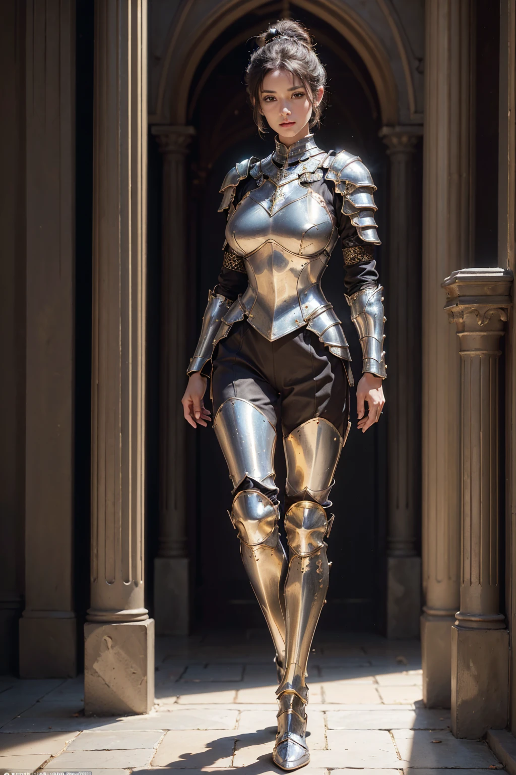 (((full image:1.5, show full body, standing:1.8, facing viewer, the front body facing directly to the front of camera, show body from head to toe))), huge breast:1.5, tall body, fit body, pale skin, beautiful woman, ((standing perfectly)), a woman wearing chest armor, wearing pants, show boots. short hair with updo. knight, medieval, warrior.Black armor, Golden pattern armor. High quality:1.3, realistic:1.2, 4k resolution, detailed skin, finely detail, detailed everything, masterpiece:1.1, ((best quality)), centered image, indoor.