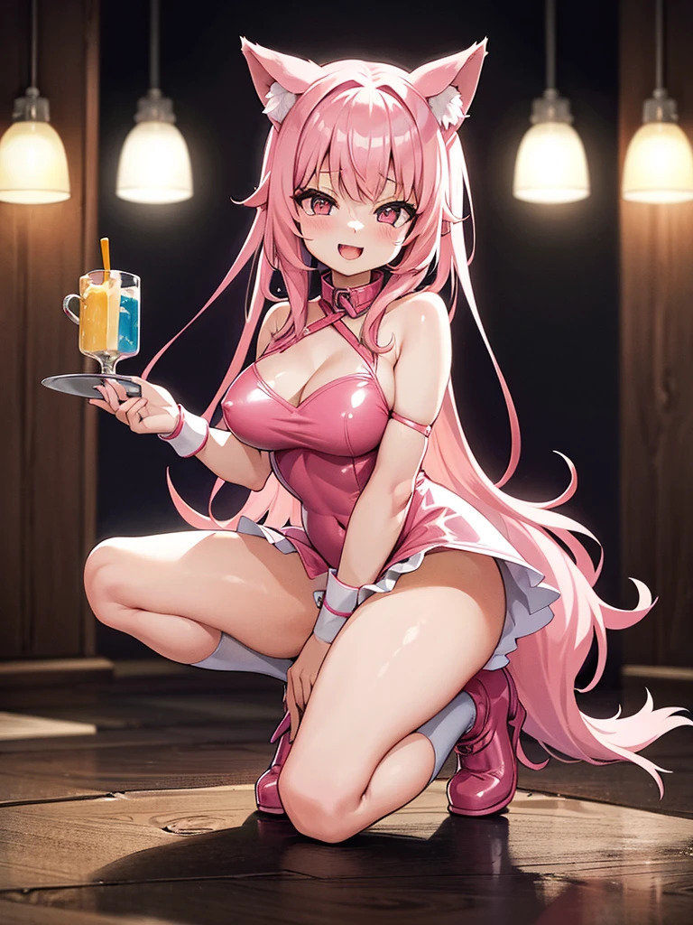 Happy young girl, with wolf ears and pink hair, holding her cheeks, wolf tail, wearing a latex dress, looking at veiwer, full body, you can see her chest, naked breasts