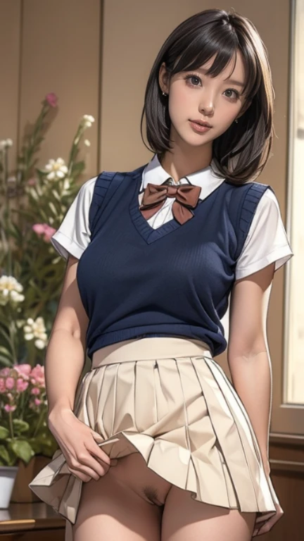 (masterpiece:1.2, highest quality), (realistic, photorealistic:1.4), beautiful illustrations, (natural side lighting, movie lighting), Depth of written boundary, 
looking at the viewer, Front view, 1 girl, English, high school girl, 20 years old, perfect face, Cute symmetrical face, shiny skin, open legs,
(bob hair:1.7,blonde), asymmetrical bangs, Big eyes, droopy eyes, long eyelashes chest), thin, 
beautiful hair, beautiful face, fine and beautiful eyes, beautiful clavicle, beautiful body, beautiful breasts, beautiful thighs, beautiful feet, beautiful fingers, 
((fine fabric texture, brown knit vest, short sleeve white collar shirt, navy pleated skirt, Navy bow tie)), 
(beautiful scenery), evening, (Inside the flower shop), Are standing, (smile, Upper grade, open your mouth),  (((skirt lift, no panties, genitals visible))), full body shot, dark blue socks, sexy face, inverted nipples,