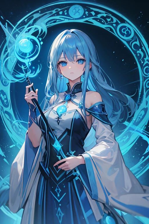 1人の女の子, (傑作, 最高品質), 長い青い髪, 青い魔法の瞳, 彼女の背後にある青い魔法陣, (青い魔法の力が渦巻く大きな魔法の杖を持っている), 魔術師のローブ, 光る武器, 光る魔法, 