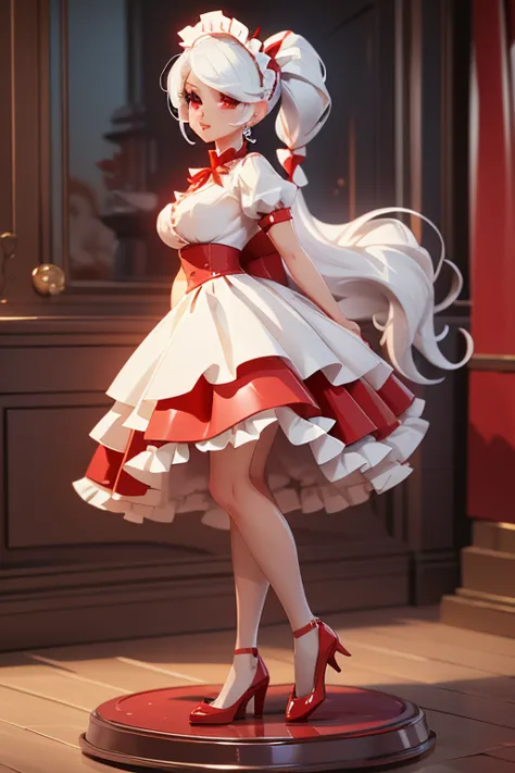 woman, gorgeous, sexy, white hair, red eyes, two ponytails, red maid-like dress, black and white little details, ruffled skirt, ...