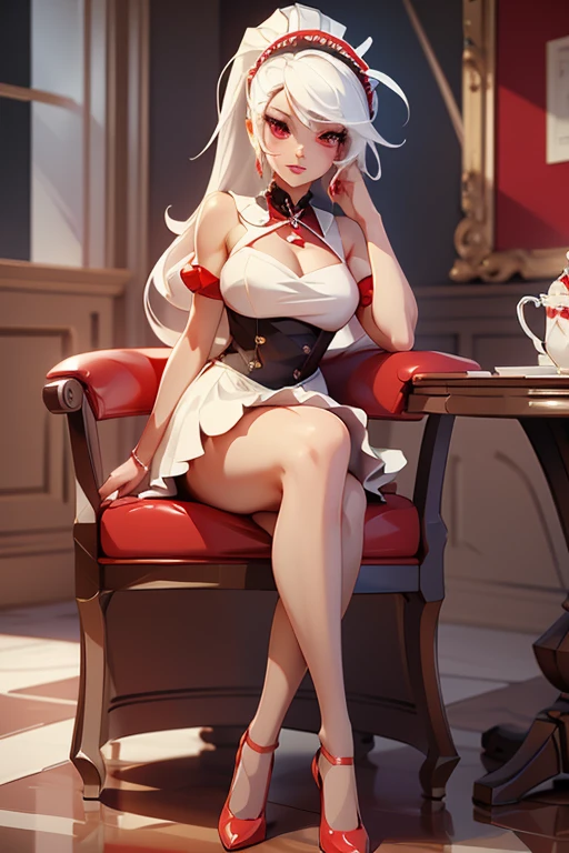 Woman, gorgeous, sexy, white hair, red eyes, two ponytails, red maid-like dress, black and white little details, ruffled skirt, seductive look, seductive pose, white stockings up to the middle of the thighs, red shoes