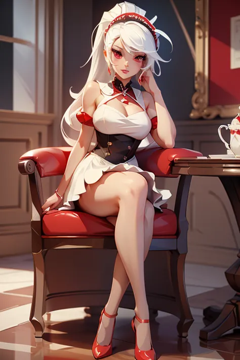 woman, gorgeous, sexy, white hair, red eyes, two ponytails, red maid-like dress, black and white little details, ruffled skirt, ...