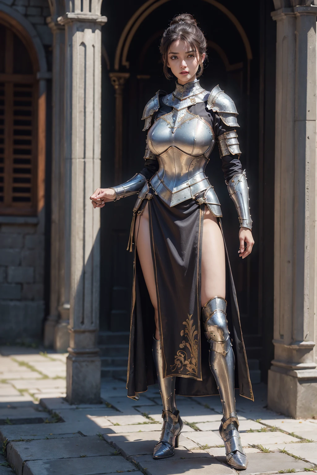 (((full image:1.5, show full body, standing:1.8, facing viewer, the front body facing directly to the front of camera, show body from head to toe))), huge breast:1.7, tall body, slim body, fit body, pale skin, beautiful woman, ((standing perfectly)), a woman wearing armor, skirts, show boots. short hair with updo. knight, medieval, warrior. Pattern armor. High quality:1.3, realistic:1.2, 4k resolution, detailed skin, finely detail, detailed everything, masterpiece:1.1, ((best quality)), centered image, outdoor.