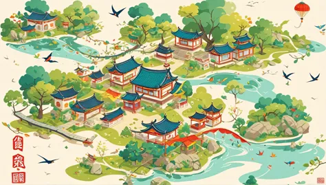 Chinese style, Chinese town， cute cartoon map, light colors, swallows, rivers, trees, ancient buildings, kite flyers