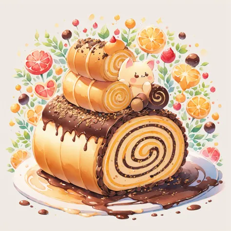 watercolor and ink illustration of a Swiss roll cake with a chocolate color scheme, depicted in a delicious and delicate style. ...
