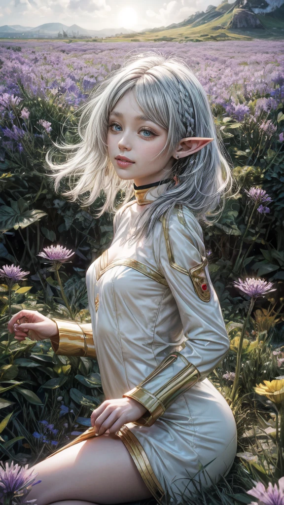 fluorescent color, 1 girl, look at side, beautiful face, pretty eyes, (Off The Shoulder: 1.2), upperbody, shinny hair, shining skin, elf ears, elf ears/pointed, glare emissions, elf ears, elf ears/pointed, a woman walking in a field of purple flowers around dandelions and small dots of light surrounding, your white hair flying in the wind, elf ears, elf ears/pointed, Bright violet eyes looking at purple tulips with sparkling butterflies around them, white hair womans, woman in a dark place full of dots of light and sparkling snowflakes, sparkling butterflies, white hair woman, dots of light around the woman, Magical Aura, greeneyes, elf ears, elf ears/pointed, Supernatural aura, super magical aura black, beautiful sunset, meadow of purple flowers, garota em uma meadow of purple flowers, He walks among the thousands of flowers with pride spreading his hair like a Goddess