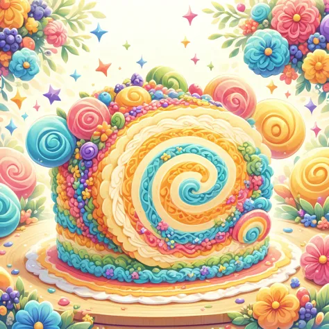 a vector illustration of a beautifully colorful slice of swiss roll cake, depicted in a delicious and delicate style, viewed fro...