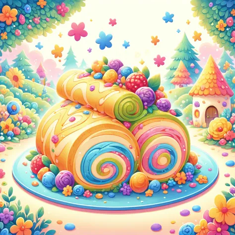 a vector illustration of a beautifully colorful slice of swiss roll cake, depicted in a delicious and delicate style, viewed fro...