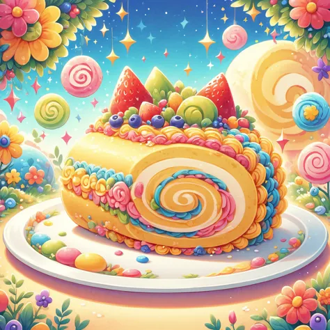 A vector illustration of a beautifully colorful slice of Swiss roll cake, depicted in a delicious and delicate style, viewed fro...
