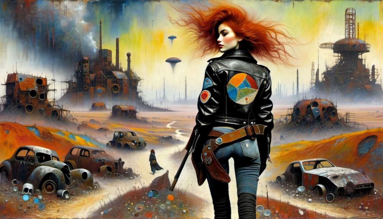 wasteland outlaw, girl, rust hair, black leather jacket, patches, Post-Apocalyptic Wasteland, retrofuturism, ((Marc Chagall style)), magical naive art, primitivism, protogenes,((Best quality, masterpiece)),
(Higher detail), Impressionism:1.1, 8k