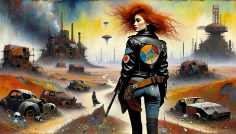 wasteland outlaw, girl, rust hair, black leather jacket, patches, Post-Apocalyptic Wasteland, retrofuturism, ((Marc Chagall styl...