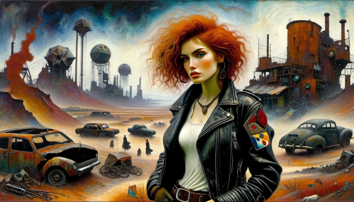 wasteland outlaw, girl, rust hair, black leather jacket, patches, Post-Apocalyptic Wasteland, retrofuturism, ((Marc Chagall style)), magical naive art, primitivism, protogenes,((Best quality, masterpiece)),
(Higher detail), Impressionism:1.1, 8k