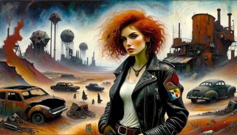 wasteland outlaw, girl, rust hair, black leather jacket, patches, post-apocalyptic wasteland, retrofuturism, ((marc chagall styl...