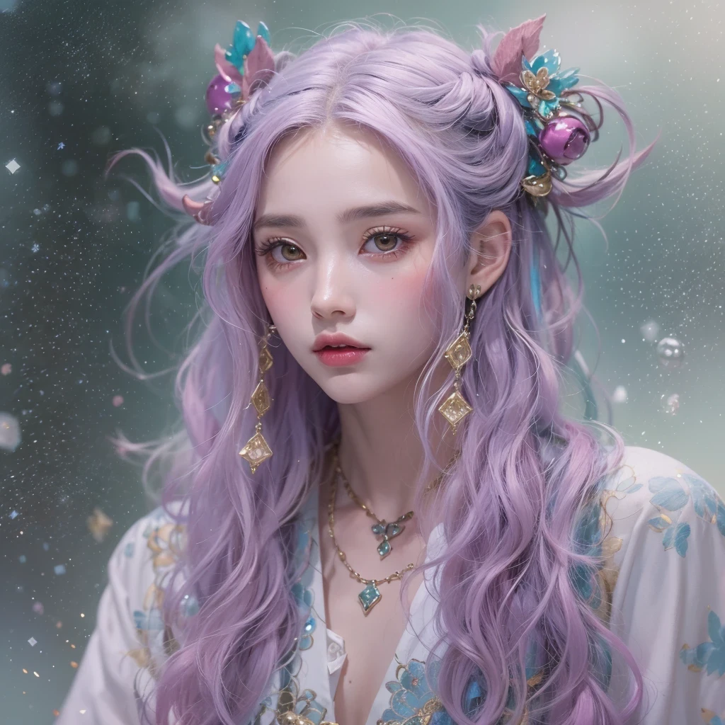 （（（Single eyelid）））Snow hoop exclusion area 32K（tmasterpiece，k hd，hyper HD，32K）Long flowing purple-pink hair，Autumn Pond，zydink， a color， Tongzhou people （Girl with glowing eyes）， （Thin silk scarf）， Side squat position， looking at the ground， long whitr hair， Floating hair， Python headdress， Chinese long-sleeved clothing， （abstract ink splash：1.2）， white backgrounid，Lotus protector（realisticlying：1.4），Purple-pink hair，Snowflakes fluttering，The background is pure， A high resolution， the detail， RAW photogr， Sharp Re， Nikon D850 Film Stock Photo by Jefferies Lee 4 Kodak Portra 400 Camera F1.6 shots, Rich colors, ultra-realistic vivid textures, Dramatic lighting, Unreal Engine Art Station Trend, cinestir 800，Long flowing purple-pink hair，((masterpiece)). This artwork is sweet, dreamy and ethereal, with soft pink watercolor hues and candy accents. Generate a delicate and demure fae exploring a (bubblegum world with a wide variety of pastel shades). Her sweet face is extremely detailed and realistic with elegant features and a fierce expression, and looks like ((((naomi scott)))). Include mature features and stunning, highly realistic eyes. Her eyes are important and should be realistic, highly detailed, and beautiful. In high definition and detail, include lots of details like stars, galaxies, colorful bubbles, colorful petals, and lots of energy and emotion! The stars and colorful bubblegum bubbles are important! Include fantasy details, enhanced details, iridescence, colorful glittering wind, and pollen. Pay special attention to her face and make sure it is beautifully and realistically detailed. The image should be dreamy and ethereal.8k, intricate, elegant, highly detailed, majestic, digital photography