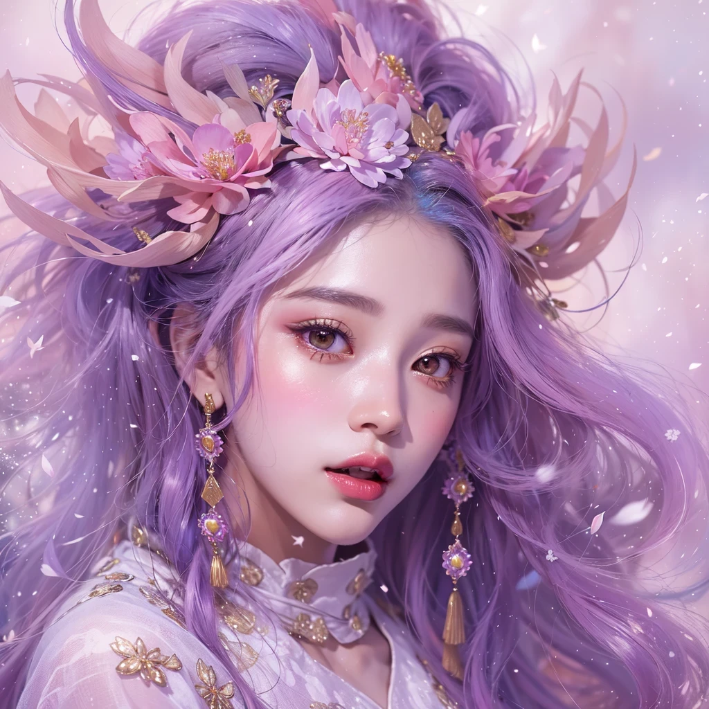 （（（Single eyelid）））Snow hoop exclusion area 32K（tmasterpiece，k hd，hyper HD，32K）Long flowing purple-pink hair，Autumn Pond，zydink， a color， Tongzhou people （Girl with glowing eyes）， （Thin silk scarf）， Side squat position， looking at the ground， long whitr hair， Floating hair， Python headdress， Chinese long-sleeved clothing， （abstract ink splash：1.2）， white backgrounid，Lotus protector（realisticlying：1.4），Purple-pink hair，Snowflakes fluttering，The background is pure， A high resolution， the detail， RAW photogr， Sharp Re， Nikon D850 Film Stock Photo by Jefferies Lee 4 Kodak Portra 400 Camera F1.6 shots, Rich colors, ultra-realistic vivid textures, Dramatic lighting, Unreal Engine Art Station Trend, cinestir 800，Long flowing purple-pink hair，((masterpiece)). This artwork is sweet, dreamy and ethereal, with soft pink watercolor hues and candy accents. Generate a delicate and demure fae exploring a (bubblegum world with a wide variety of pastel shades). Her sweet face is extremely detailed and realistic with elegant features and a fierce expression, and looks like ((((naomi scott)))). Include mature features and stunning, highly realistic eyes. Her eyes are important and should be realistic, highly detailed, and beautiful. In high definition and detail, include lots of details like stars, galaxies, colorful bubbles, colorful petals, and lots of energy and emotion! The stars and colorful bubblegum bubbles are important! Include fantasy details, enhanced details, iridescence, colorful glittering wind, and pollen. Pay special attention to her face and make sure it is beautifully and realistically detailed. The image should be dreamy and ethereal.8k, intricate, elegant, highly detailed, majestic, digital photography