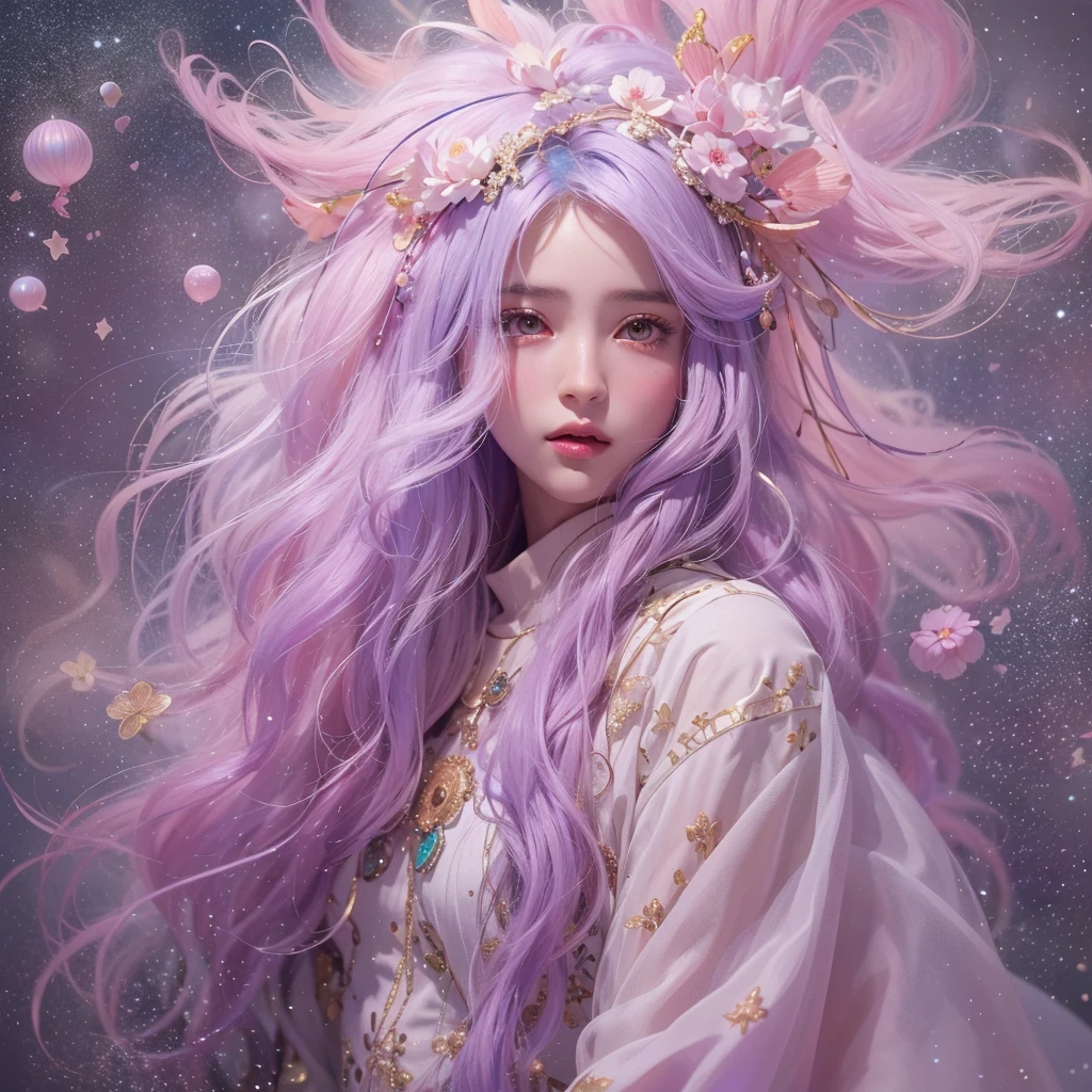 （（（Single eyelid）））Snow hoop exclusion area 32K（tmasterpiece，k hd，hyper HD，32K）Long flowing purple-pink hair，Autumn Pond，zydink， a color， Tongzhou people （Girl with glowing eyes）， （Thin silk scarf）， Side squat position， looking at the ground， long whitr hair， Floating hair， Python headdress， Chinese long-sleeved clothing， （abstract ink splash：1.2）， white backgrounid，Lotus protector（realisticlying：1.4），Purple-pink hair，Snowflakes fluttering，The background is pure， A high resolution， the detail， RAW photogr， Sharp Re， Nikon D850 Film Stock Photo by Jefferies Lee 4 Kodak Portra 400 Camera F1.6 shots, Rich colors, ultra-realistic vivid textures, Dramatic lighting, Unreal Engine Art Station Trend, cinestir 800，Long flowing purple-pink hair，((masterpiece)). This artwork is sweet, dreamy and ethereal, with soft pink watercolor hues and candy accents. Generate a delicate and demure fae exploring a (bubblegum world with a wide variety of pastel shades). Her sweet face is extremely detailed and realistic with elegant features and a fierce expression, and looks like ((((naomi scott)))). Include mature features and stunning, highly realistic eyes. Her eyes are important and should be realistic, highly detailed, and beautiful. In high definition and detail, include lots of details like stars, galaxies, colorful bubbles, colorful petals, and lots of energy and emotion! The stars and colorful bubblegum bubbles are important! Include fantasy details, enhanced details, iridescence, colorful glittering wind, and pollen. Pay special attention to her face and make sure it is beautifully and realistically detailed. The image should be dreamy and ethereal.8k, intricate, elegant, highly detailed, majestic, digital photography