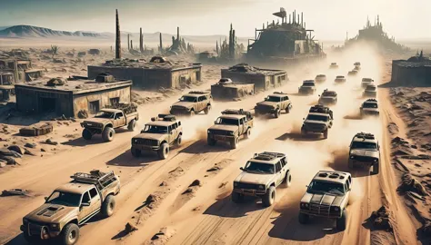 best quality, aerial view, wide angle, shot from afar, mad max style, a convoy of modified cars racing through a post-apocalyptic city in a barren wasteland, desert, elaborate details, high quality illustration
