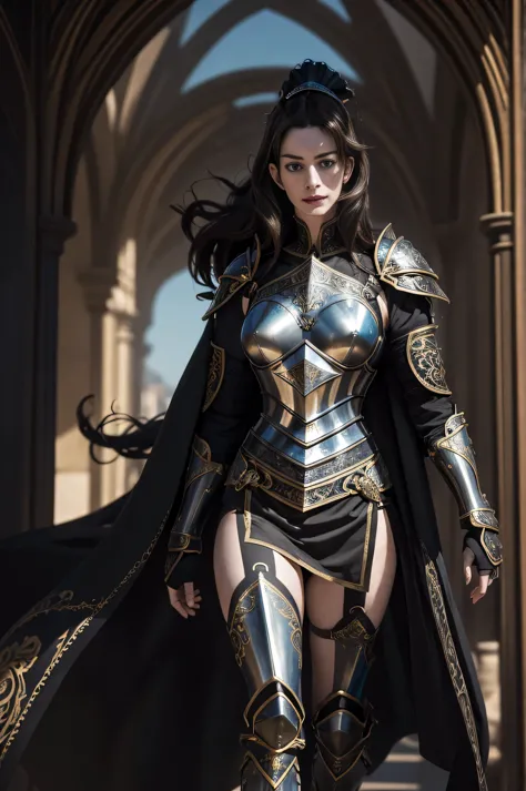 (((anne hathaway in ornate black plate armor))), ((plate armor)), shoulder pauldrons, award winning concept art of tall (1girl) ...