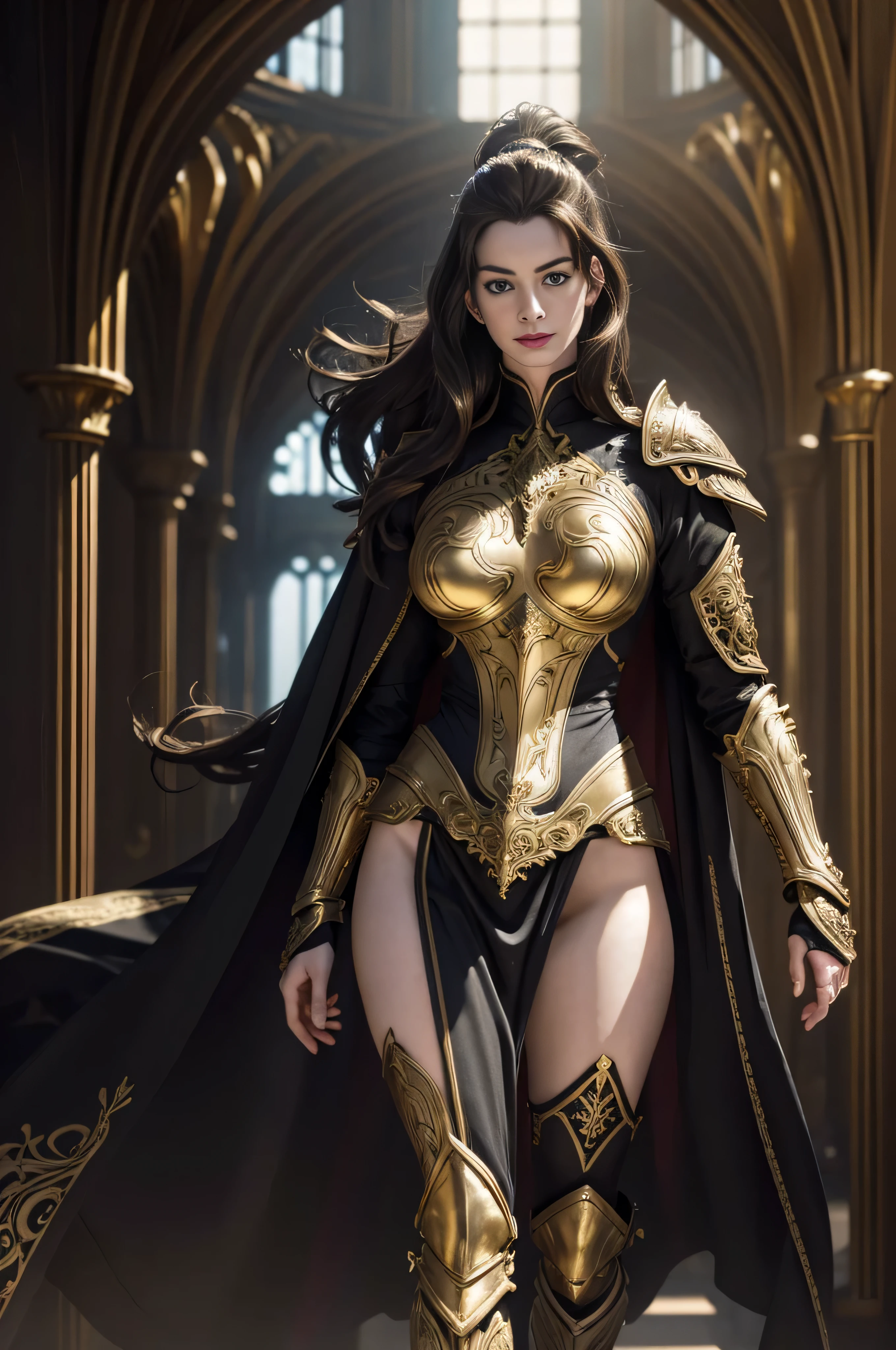 ((Anne Hathaway in ornate gold plate armor)), award winning concept art of tall (1girl) in ornate plate armor , high long ponytail, dramatic long flowing hair, model on runway, epic, god rays, centered, (masterpiece:1.2), (best quality:1.2), Amazing, highly detailed, beautiful, finely detail, warm soft color grading, Depth of field, extremely detailed 8k, fine art, stunning, iridescent, shiny, light reflections, crisp, curls, wind, flying sand, dynamic pose, hyper realism, vibrant, sunlit, edge detection, (miniskirt exposing panties), pelvic cover, thigh high boots, knees, long flowing cape