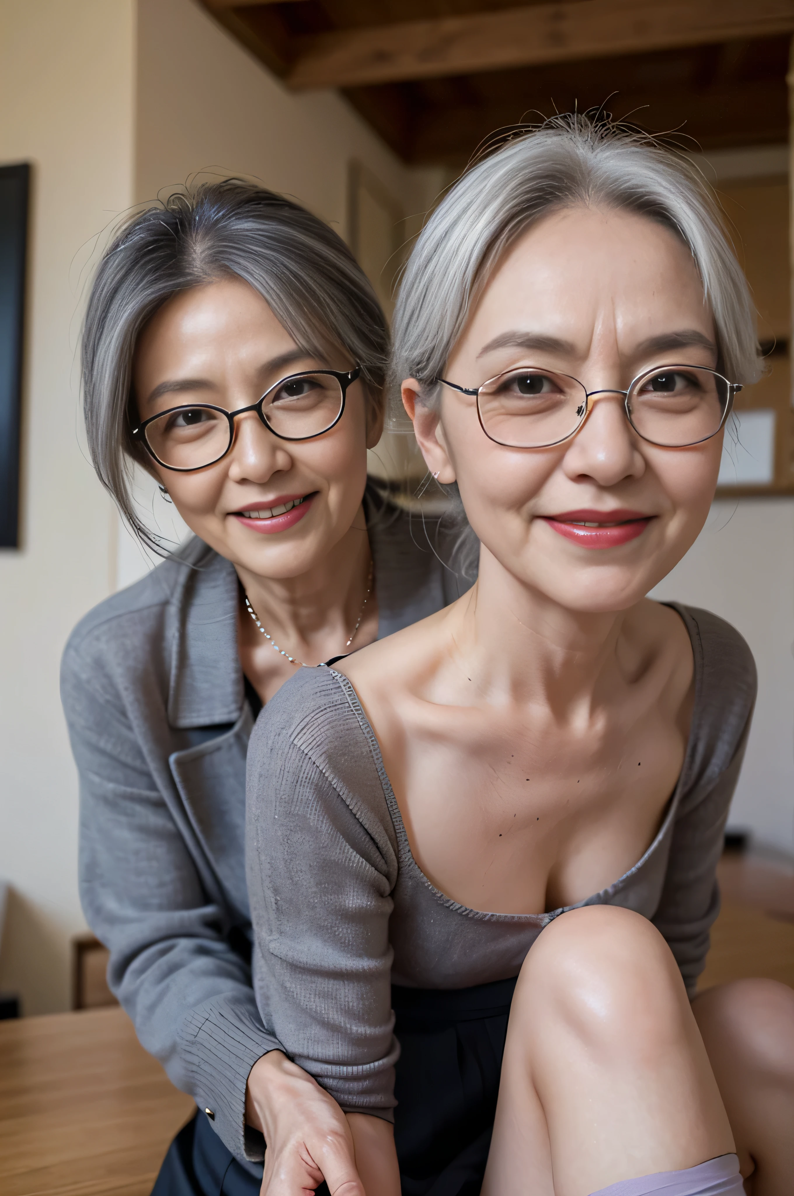 (Masterpiece:1.4),(60-year-old woman:1.4),(Wrinkles on the face1.24),smile,gray hair,square glasses,(panchira,skirt,skirt lift,panty shot:1.3)