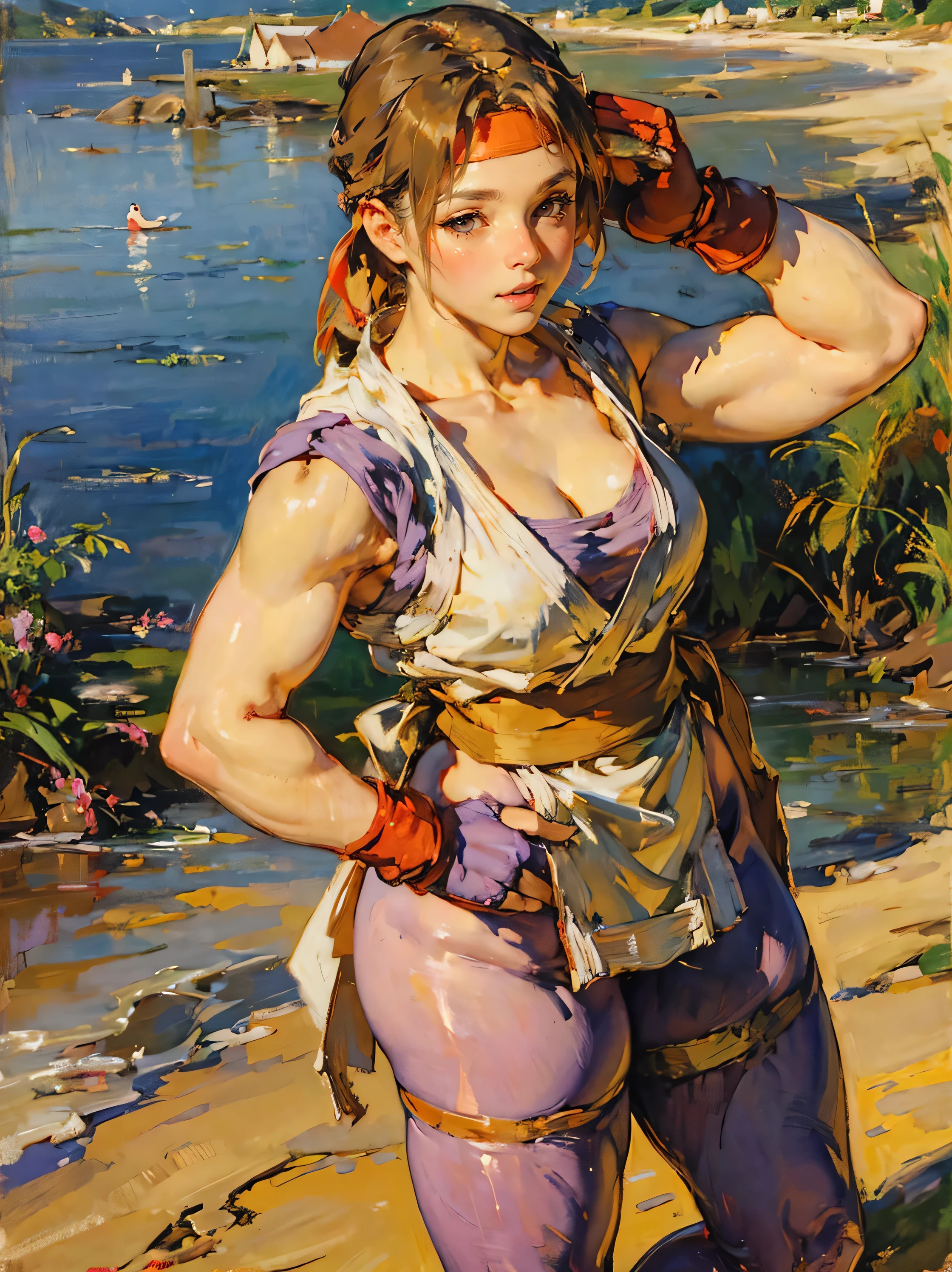 ,(art by Carl Larsson:1.2),post-Impressionist,monet color,narrow waist, wide hips, thick thighs,close shot,((background beach)),the whole body,(oil painting),,soft lighting,COOL,Mai Shiranui, 1girl, solo, yurims, headband, dougi, spandex, gloves, fingerless gloves, leggings,cheerful pose,
