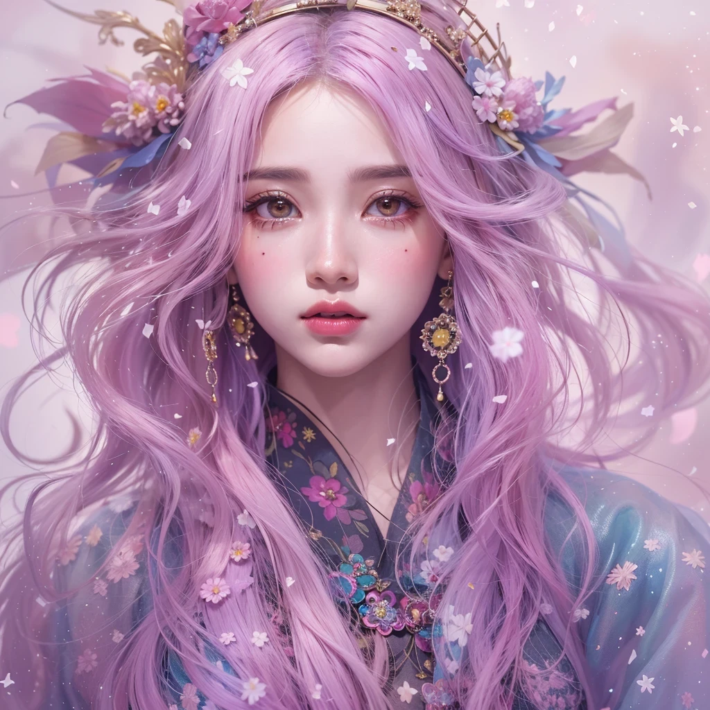 （（（Single eyelid）））Snow hoop exclusion area 32K（tmasterpiece，k hd，hyper HD，32K）Long flowing purple-pink hair，Autumn Pond，zydink， a color， Tongzhou people （Girl with glowing eyes）， （Thin silk scarf）， Side squat position， looking at the ground， long whitr hair， Floating hair， Python headdress， Chinese long-sleeved clothing， （abstract ink splash：1.2）， white backgrounid，Lotus protector（realisticlying：1.4），Purple-pink hair，Snowflakes fluttering，The background is pure， A high resolution， the detail， RAW photogr， Sharp Re， Nikon D850 Film Stock Photo by Jefferies Lee 4 Kodak Portra 400 Camera F1.6 shots, Rich colors, ultra-realistic vivid textures, Dramatic lighting, Unreal Engine Art Station Trend, cinestir 800，Long flowing purple-pink hair，((masterpiece)). This artwork is sweet, dreamy and ethereal, with soft pink watercolor hues and candy accents. Generate a delicate and demure fae exploring a (bubblegum world with a wide variety of pastel shades). Her sweet face is extremely detailed and realistic with elegant features and a fierce expression, and looks like ((((naomi scott)))). Include mature features and stunning, highly realistic eyes. Her eyes are important and should be realistic, highly detailed, and beautiful. In high definition and detail, include lots of details like stars, galaxies, colorful bubbles, colorful petals, and lots of energy and emotion! The stars and colorful bubblegum bubbles are important! Include fantasy details, enhanced details, iridescence, colorful glittering wind, and pollen. Pay special attention to her face and make sure it is beautifully and realistically detailed. The image should be dreamy and ethereal.8k, intricate, elegant, highly detailed, majestic, digital photography