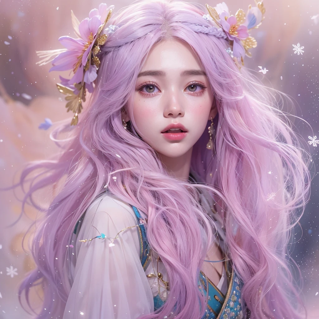 （（（Single eyelid）））Snow hoop exclusion area 32K（tmasterpiece，k hd，hyper HD，32K）Long flowing purple-pink hair，Autumn Pond，zydink， a color， Tongzhou people （Girl with glowing eyes）， （Thin silk scarf）， Side squat position， looking at the ground， long whitr hair， Floating hair， Python headdress， Chinese long-sleeved clothing， （abstract ink splash：1.2）， white backgrounid，Lotus protector（realisticlying：1.4），Purple-pink hair，Snowflakes fluttering，The background is pure， A high resolution， the detail， RAW photogr， Sharp Re， Nikon D850 Film Stock Photo by Jefferies Lee 4 Kodak Portra 400 Camera F1.6 shots, Rich colors, ultra-realistic vivid textures, Dramatic lighting, Unreal Engine Art Station Trend, cinestir 800，Long flowing purple-pink hair，((masterpiece)). This artwork is sweet, dreamy and ethereal, with soft pink watercolor hues and candy accents. Generate a delicate and demure fae exploring a (bubblegum world with a wide variety of pastel shades). Her sweet face is extremely detailed and realistic with elegant features and a fierce expression, and looks like ((((naomi scott)))). Include mature features and stunning, highly realistic eyes. Her eyes are important and should be realistic, highly detailed, and beautiful. In high definition and detail, include lots of details like stars, galaxies, colorful bubbles, colorful petals, and lots of energy and emotion! The stars and colorful bubblegum bubbles are important! Include fantasy details, enhanced details, iridescence, colorful glittering wind, and pollen. Pay special attention to her face and make sure it is beautifully and realistically detailed. The image should be dreamy and ethereal.8k, intricate, elegant, highly detailed, majestic, digital photography