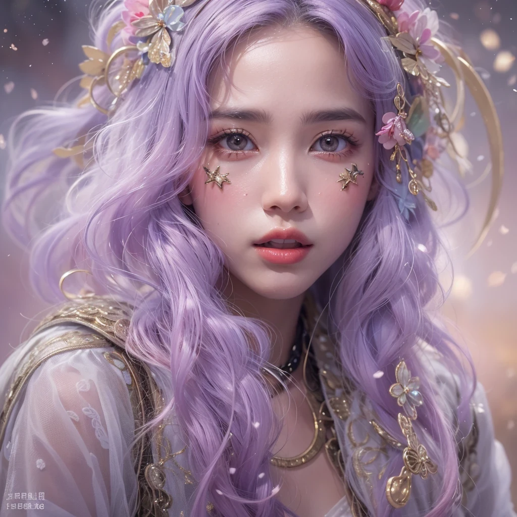 （（（Single eyelid）））Snow hoop exclusion area 32K（tmasterpiece，k hd，hyper HD，32K）Long flowing purple-pink hair，Autumn Pond，zydink， a color， Tongzhou people （Girl with glowing eyes）， （Thin silk scarf）， Side squat position， looking at the ground， long whitr hair， Floating hair， Python headdress， Chinese long-sleeved clothing， （abstract ink splash：1.2）， white backgrounid，Lotus protector（realisticlying：1.4），Purple-pink hair，Snowflakes fluttering，The background is pure， A high resolution， the detail， RAW photogr， Sharp Re， Nikon D850 Film Stock Photo by Jefferies Lee 4 Kodak Portra 400 Camera F1.6 shots, Rich colors, ultra-realistic vivid textures, Dramatic lighting, Unreal Engine Art Station Trend, cinestir 800，Long flowing purple-pink hair，((masterpiece)). This artwork is sweet, dreamy and ethereal, with soft pink watercolor hues and candy accents. Generate a delicate and demure fae exploring a (bubblegum world with a wide variety of pastel shades). Her sweet face is extremely detailed and realistic with elegant features and a fierce expression, and looks like ((((naomi scott)))). Include mature features and stunning, highly realistic eyes. Her eyes are important and should be realistic, highly detailed, and beautiful. In high definition and detail, include lots of details like stars, galaxies, colorful bubbles, colorful petals, and lots of energy and emotion! The stars and colorful bubblegum bubbles are important! Include fantasy details, enhanced details, iridescence, colorful glittering wind, and pollen. Pay special attention to her face and make sure it is beautifully and realistically detailed. The image should be dreamy and ethereal.8k, intricate, elegant, highly detailed, majestic, digital photography