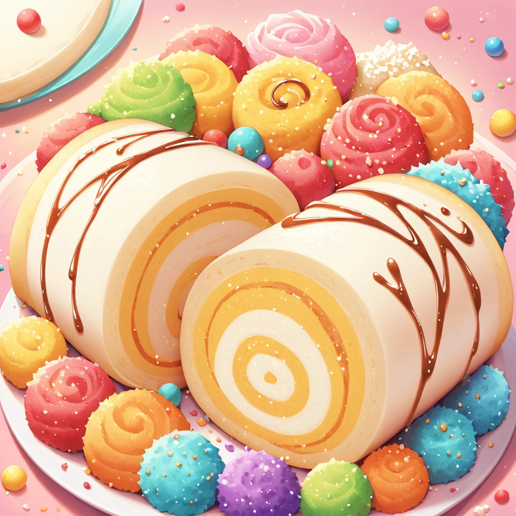 A delicious Swiss roll，(solo), Its distinctive feature is its bright chocolate color，This Swiss roll is decorated with colorful sugar granules.，These colorful sugar particles add a playful atmosphere to it.，Sugar granules with rich colors，Red is included，and green，A pleasant contrast to the chocolatey tones of the Swiss roll.，Swiss rolls are carefully made，A perfect spiral shape，Its texture looks extremely attractive，Soft and fluffy inner layer，The skin is slightly crispy，Sugar coating is smooth and shiny，The reflected luster makes the Swiss roll look more attractive。