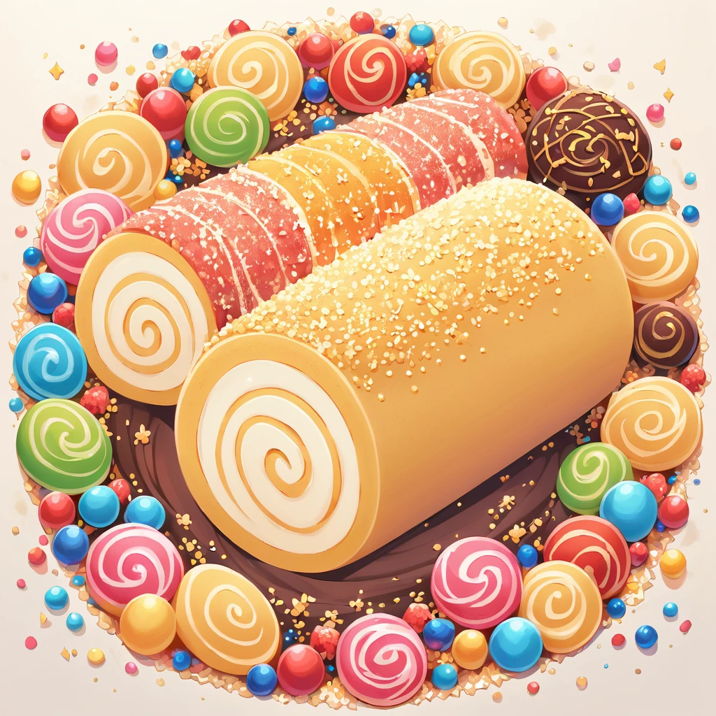 A delicious Swiss roll，(solo), Its distinctive feature is its bright chocolate color，This Swiss roll is decorated with colorful sugar granules.，These colorful sugar particles add a playful atmosphere to it.，Sugar granules with rich colors，Red is included，and green，A pleasant contrast to the chocolatey tones of the Swiss roll.，Swiss rolls are carefully made，A perfect spiral shape，Its texture looks extremely attractive，Soft and fluffy inner layer，The skin is slightly crispy，Sugar coating is smooth and shiny，The reflected luster makes the Swiss roll look more attractive。