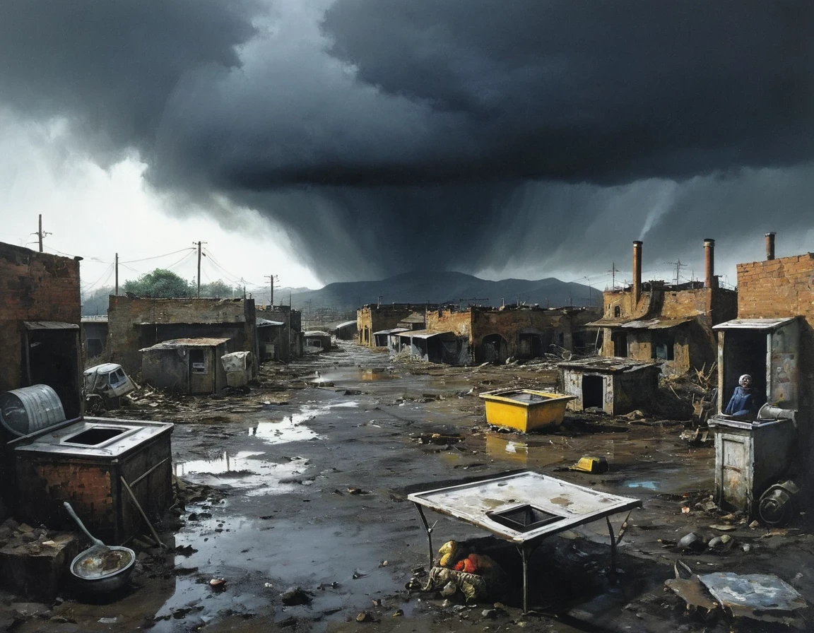 à la manière de Mark Lague，à la manière d&#39;un bip，à la manière de Ian McQue，Sol rugueux des derniers jours，Le ciel sombre pleut de l&#39;acide sulfurique，La désolation et la ruine après le désastre，Le cadre de vie est extrêmement dur，Le ciel est toujours gris，L&#39;air est plein de substances nocives。L&#39;eau devient rare，Et c&#39;est plein de diverses pollutions inconnues，Le désastre soudain a laissé la terre dévastée，L&#39;espèce mute，La nourriture est devenue rare，Le cadre de vie est dur，Aucune zone à prévoir，Dans une rue sans nom，Des scènes délabrées et laides peuvent être vues partout。Le système d&#39;égouts souterrain dans la rue est depuis longtemps paralysé，Les toilettes extérieures de fortune dégagent une odeur nauséabonde，Connecté aux rangées de centres commerciaux。Toute la zone est peu éclairée.，De temps en temps, on peut voir un groupe de personnes se rassembler au bord de la route，La nourriture est encore plus précieuse. Les gens survivent grâce à des aliments synthétiques ou à des plantes mutantes..：Le ciel sombre pleut de l&#39;acide sulfurique