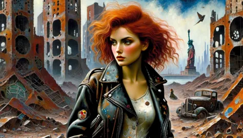 wasteland outlaw, girl, rust hair, black leather jacket, patches, Post-Apocalyptic Wasteland, the ruins of a skyscraper, retrofu...