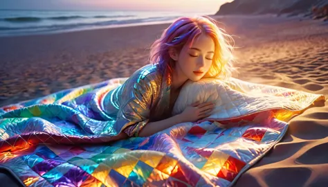 {{masterpiece}}, best quality, Extremely detailed CG unified 8k wallpaper, Movie Lighting,, night，A woman lying on the beach，The body is covered with a quilt,Sleep with eyes closed，The beauty behind， Peaceful night. , multi color hair, (Colorful hair:1.5),