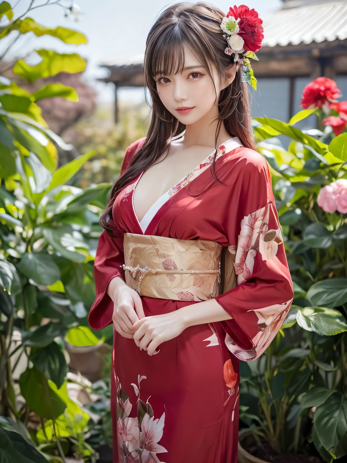 (в 8К，высшее качество，шедевр)，(реалистичный，Фотографии в формате RAW，очень хорошо, ясно)，реалистичный Light，Детализированный скин，красивая японка，((25-летняя женщина, Красивый убийца:1.5))、Красное японское традиционное кимоно с цветами, птицы, мотив ветра и луны,  открытая одежда、тонкие ноги、мелкозернистость，длинные волосы, подробные пальцы、тонкий、сексуальный，Экстази выражение лица,сад, камелия,Цветочная буря, супер большой , упругий бюст