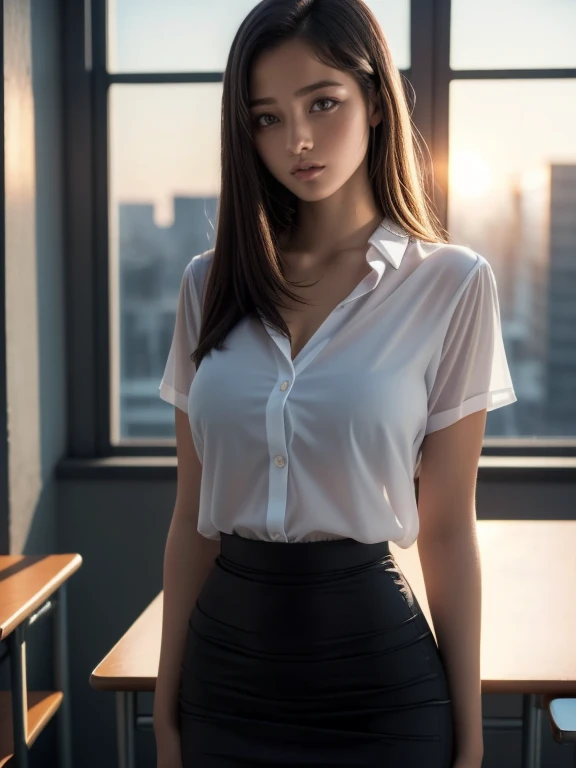 (8k,Photorealistic, masutepiece, Best Quality, Raw photo:1.3)、1girl in, 18years old,Solo,school girl, Long hair, Brown hair, Detailed beautiful face, alluring face, (Detailed beautiful brown eyes:1.2), medium breasts,(cleavage cutout:0.3),(coverd nipples:1.1),(loose suit, sheer pencil Skirt :1.35), ( Perfect body skinny beauty: 1.4),( temptation Pose:1.3), (Looking at Viewer, front view,eyes focus:1.2), Detailed background, (sunset:1.2), classroom,fine detailed, intricate detailes,  Ray tracing, depth of fields, seductive smile,classroom,