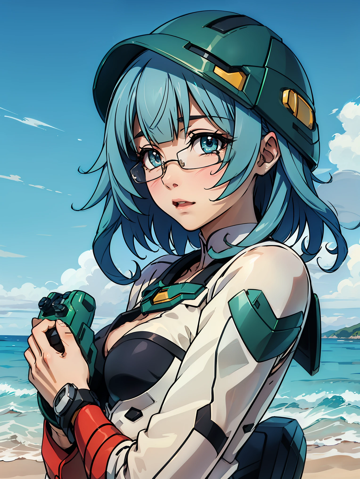 sarashiki kanzashi,1girl,solo,short hair,blue hair,red eyes,glasses,bangs,medium hair,
BREAK (dressed in a black and green mecha, wearing a mecha helmet, holding a directional controller:1.2),
BREAK (outdoor,Blue sky,White cloud,beach,shore,seawater:1.2)
BREAK facing away, looking back, ((upper body)), standing,
BREAK (masterpiece:1.2), best quality, high resolution, unity 8k wallpaper, (illustration:0.8), (beautiful detailed eyes:1.6), extremely detailed face, perfect lighting, extremely detailed CG, (perfect hands, perfect anatomy),
