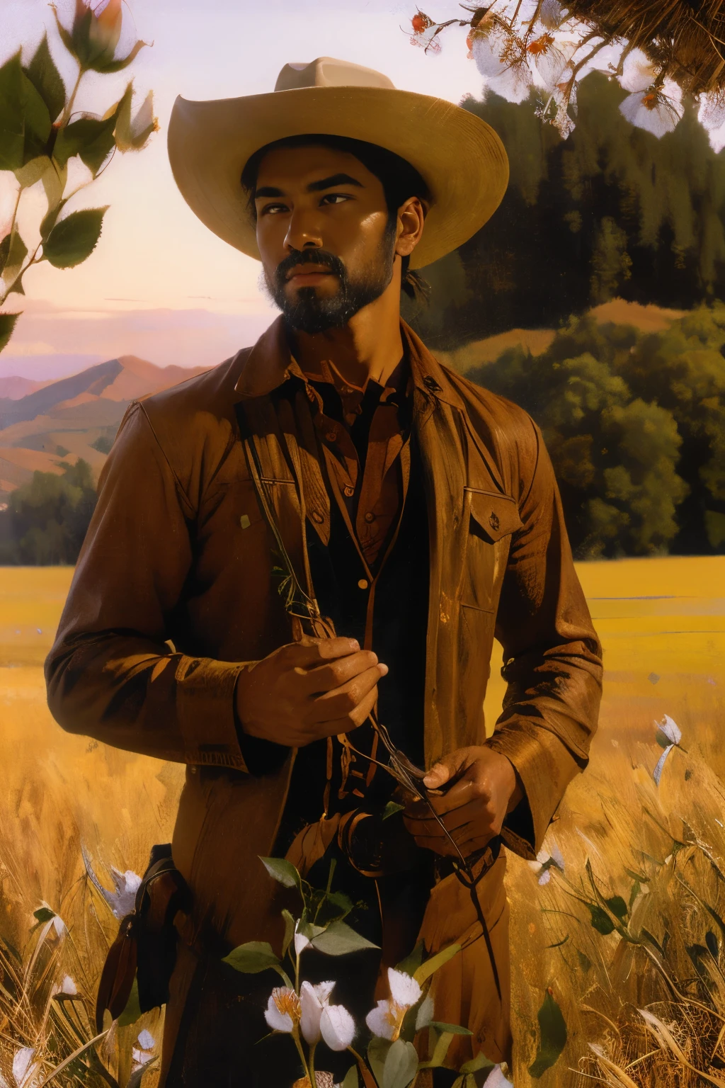 Cowboy mâle solitaire tenant des roses sauvages sur un champ, tenue marron, américain philippin, beau face, poils clairs du visage, cheveux de longueur moyenne, chapeau de cowboy marron clair, mulet, beau, coucher de soleil, 
