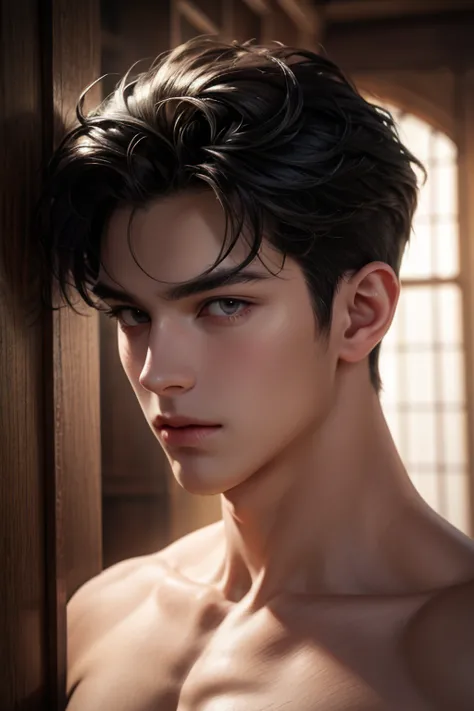 Masterpiece, high quality, high resolution, ultra detailed, 1 boy, handsome boy, beautiful face, nude, black hair, looking at vi...